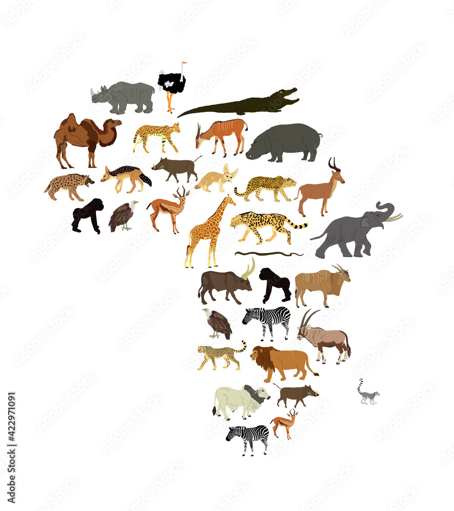 Continent map of Africa vector illustration with wild animals. Travel invitation card for Africa nature. Savannah safari trip tourist attraction with giraffe, lion, elephant, rhino, hippo, zebra.