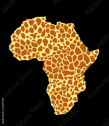 Giraffe skin pattern over map of Africa vector silhouette illustration isolated on black background.  Fashion animal print.