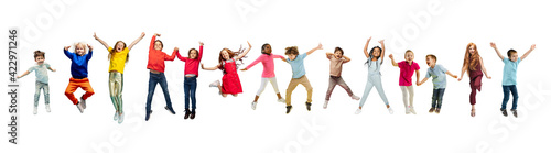 Little and happy kids gesturing isolated on white studio background. Human emotions, facial expression concept