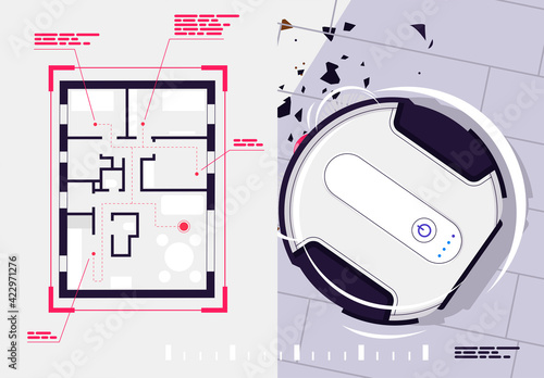 Vector illustration of a round robot vacuum cleaner, top view, clean up the garbage on the floor with an autonomous robot vacuum cleaner, room map with the route of movement in the living room