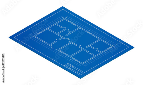 Isometric vector illustration blueprint floor plan the house isolated on white background. Realistic apartment floor plan blueprint icon in flat cartoon style. Vector unfurnished ground floor plan.