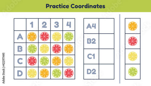 Educational math worksheet for kids kindergarten, preschool and school age. Practice coordinates.