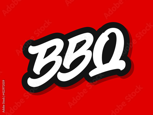 Vector illustration of BBQ logo with hand sketched lettering isolated on red background. Design concept, template, element