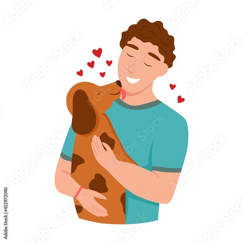 Happy pet owners. A young man hugs a dog. Happiness, joy, heart. Cute flat vector illustration.