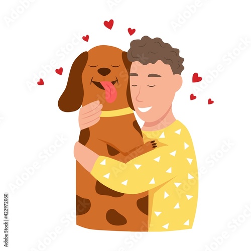 Happy pet owners. A young man hugs a dog. Happiness, joy, heart. Cute flat vector illustration.