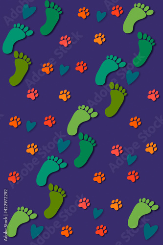 Fototapeta Naklejka Na Ścianę i Meble -  seamless pattern with pet and person footprint, heart and purple background in vertical