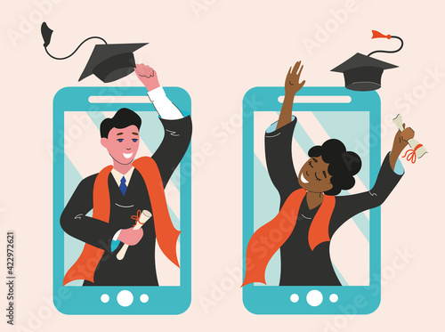 The girl and the guy were educated in an online format, graduation. Distance education. Distance control and antiviral measures. Broadcast via the Internet. Design element, layout, information.