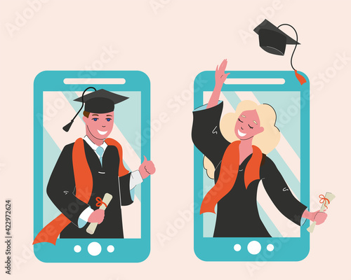 The girl and the guy were educated in an online format, graduation. Distance education. Distance control and antiviral measures. Broadcast via the Internet. Design element, layout, information.