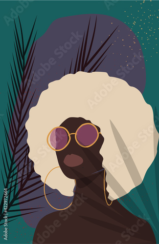 poster portrait of black curly woman on turquoise background