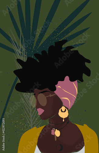 poster with curly black woman in turban on olive background