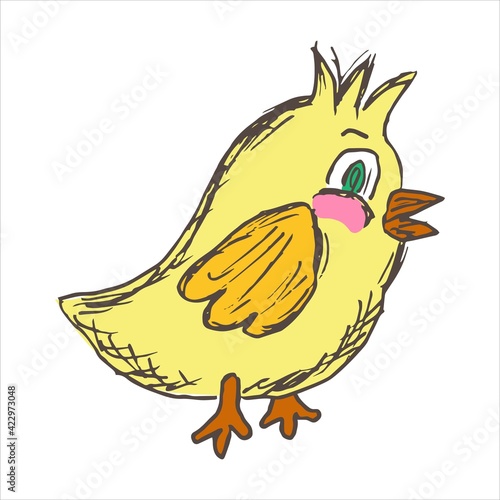 Vector grunge cartoon chick - side view, isolated on white background. Cute funny little yellow bird drawing