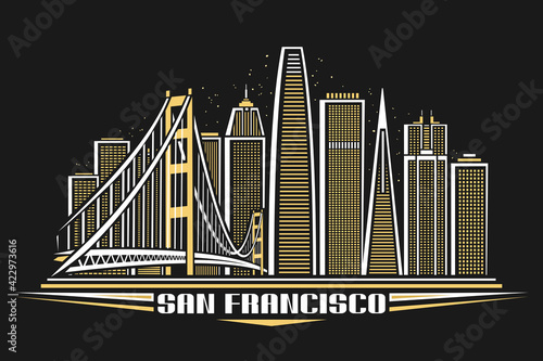Vector illustration of San Francisco, horizontal poster with outline design illuminated american city scape, urban line art concept with decorative font for words san francisco on dark background.