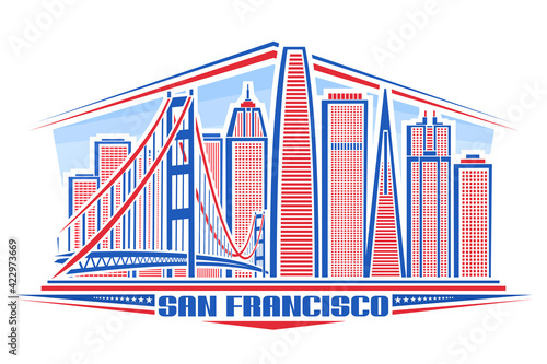 Vector illustration of San Francisco, horizontal poster with american city scape on day background, line art urban concept with unique lettering for words san francisco and decorative stars in a row.