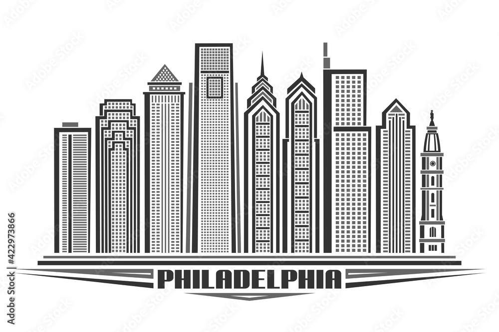 Vector illustration of Philadelphia, monochrome horizontal poster with line art design philadelphia city scape, urban concept with decorative lettering for black word philadelphia on white background.