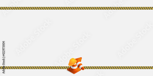 Vector background with orange plastic traffic cones, construction helmet, safety tape and copyspace. Under construction template on light gray background. Vector illustration.