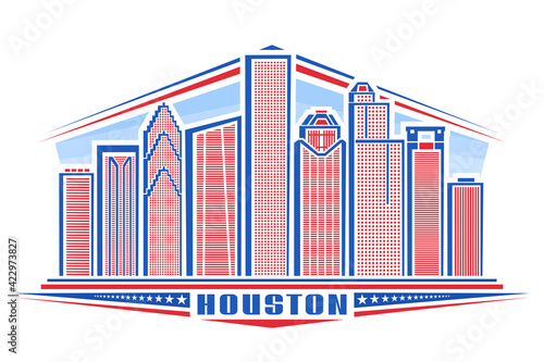 Vector illustration of Houston, horizontal poster with outline design houston city scape on day background, urban line art concept with unique lettering for word houston and decorative stars in a row.