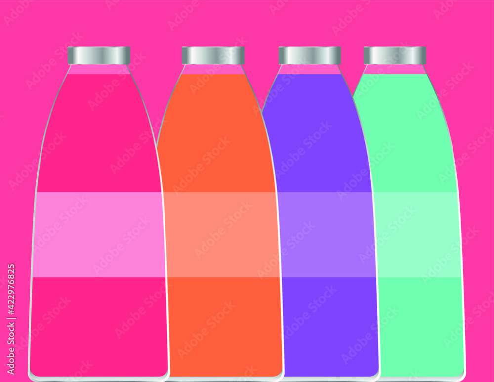 vector set of bottles with juice. flat image of bottles with different flavors of nectar on pink background vector set of bottles with juice. flat image of bottles with different flavors of nectar on pink background