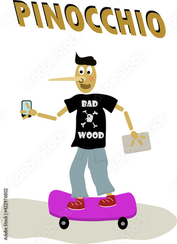 Modern teenager Pinocchio on skateboard