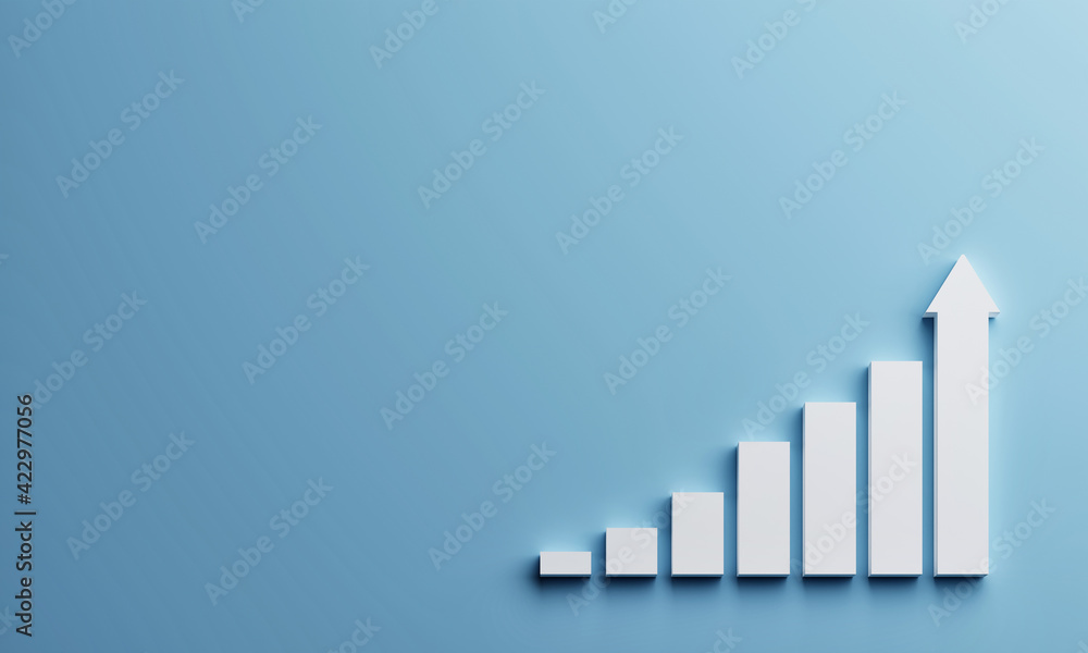 White rising bar chart on blue background with copy space. Business ...