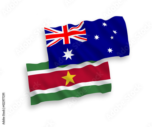 Flags of Australia and Republic of Suriname on a white background