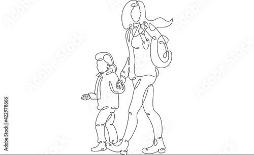 Mother with her daughter for a walk. Family shopping trip. Motherhood. One continuous drawing line  logo single hand drawn art doodle isolated minimal illustration.