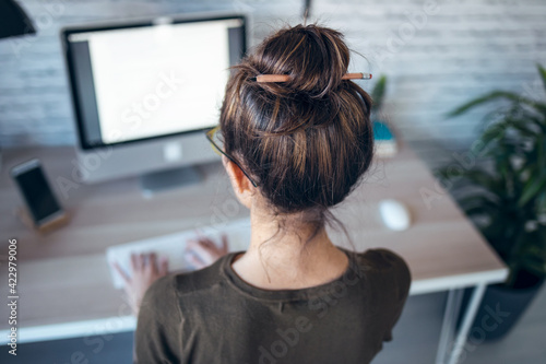 Back view of beautiful businesswoman working with computer in the office at home.