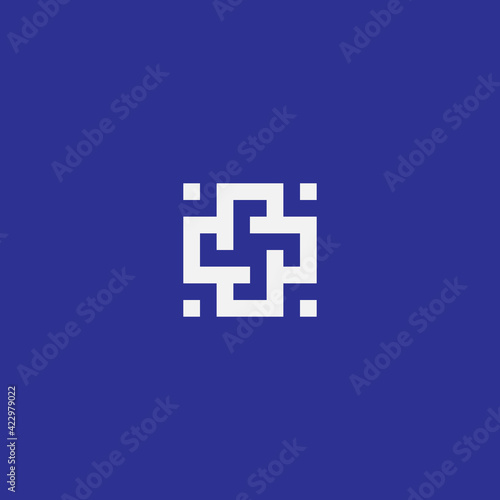 code wheel logo, this concept is made from the shape of a pinwheel and qr code, square monogram icon.