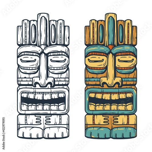 Trendy hawaii wooden tiki mask for surfing bar. Traditional ethnic idol of hawaiian, maori or polynesian. Old tribal totem