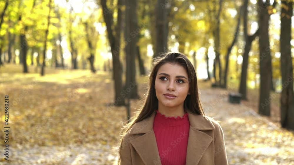 Seductive girl walks in the sunny autumn park, poses and admires the nature Seductive girl walks in the sunny autumn park, poses and admires the nature