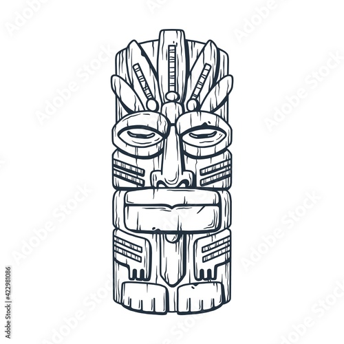 Trendy hawaii wooden tiki mask for surfing bar. Traditional ethnic idol of hawaiian, maori or polynesian. Old tribal totem