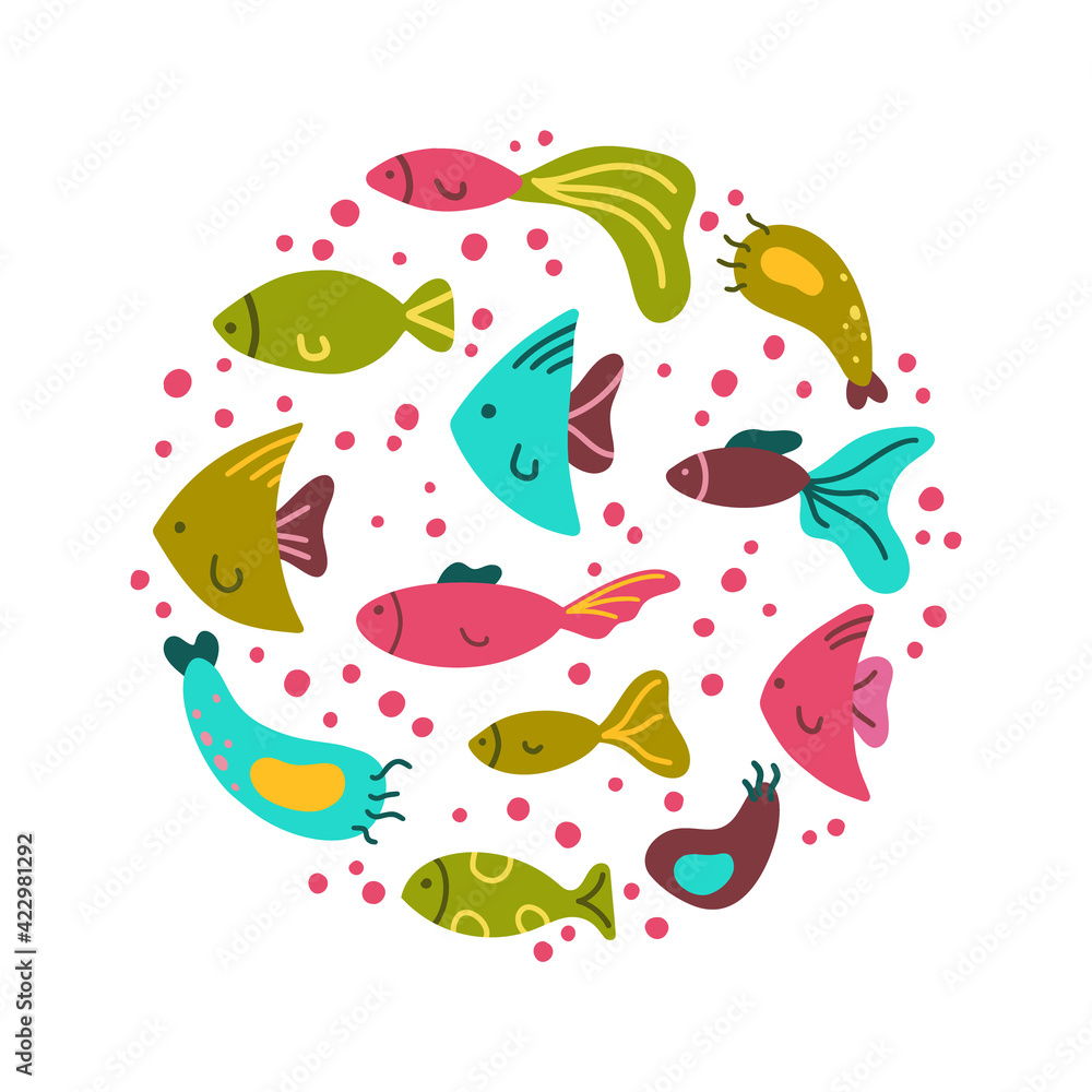 Cartoon fish, round illustration for poster, print, banner, card. Hand drawn stylized cute ocean animal. Flat vector elements set, white background. Pink, green, blue color