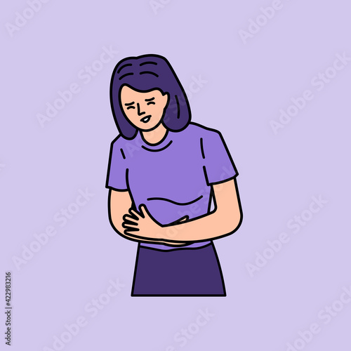 a woman holding her stomach in pain. experiencing stomach pain, hunger, ulcers, colds. the expression of an unhealthy or uncomfortable person. outline or line style. minimalistic vector illustration