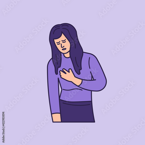 a woman experiences shortness of breath. suffer from or have lung or respiratory disease. holding the chest because it hurts. expression of sick person. outline style. vector illustration design