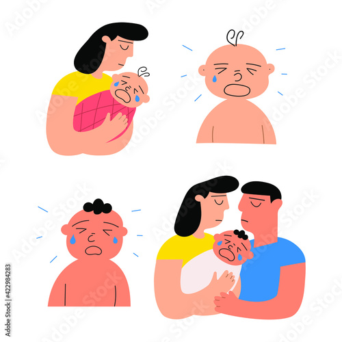 Parents and crying babies. Set of icon illustrations on white background. 