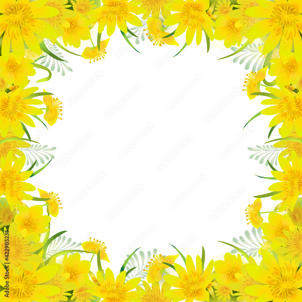 Border with wild yellow flowers. For Print or Textile Design, Greeting Cards, Wedding Invitation, Celebration mood. Border with wild yellow flowers. For Print or Textile Design, Greeting Cards, Wedding Invitation, Celebration mood.