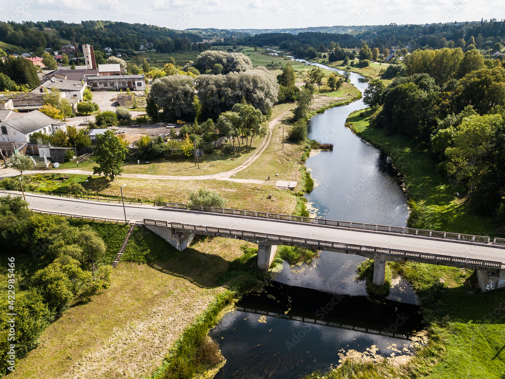 Fototapeta premium Aerial view of town Sabile and river Abava, Latvia.