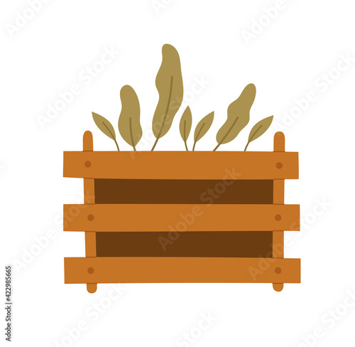 Vector illustration of a box with seedlings, isolated on white background. Concept of healthy eating, springtime gardening, farming. Hand-drawn set in flat style.