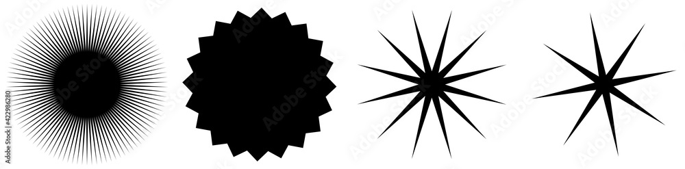Set of starburst, sunburst shapes. Abstract glitter, glimmer, flash shapes, elements. Radial, radiating clip-art Set of starburst, sunburst shapes. Abstract glitter, glimmer, flash shapes, elements. Radial, radiating clip-art