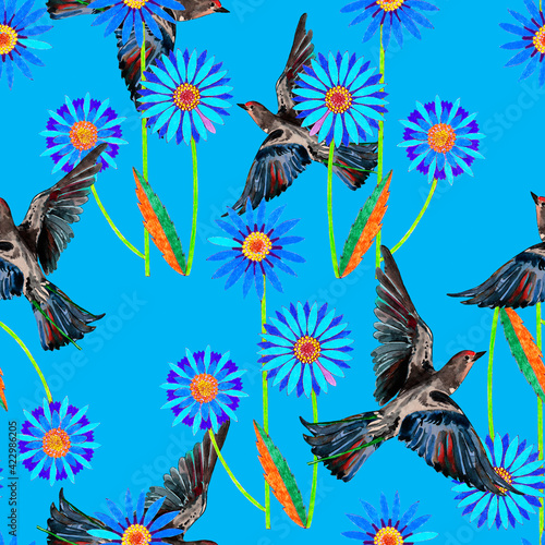 Decorative flowers with bird swallow. Seamless pattern on blue background.