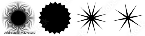 Set of starburst, sunburst shapes. Abstract glitter, glimmer, flash shapes, elements. Radial, radiating clip-art
