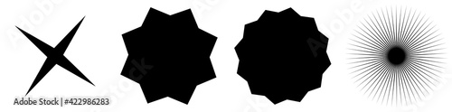 Set of starburst, sunburst shapes. Abstract glitter, glimmer, flash shapes, elements. Radial, radiating clip-art