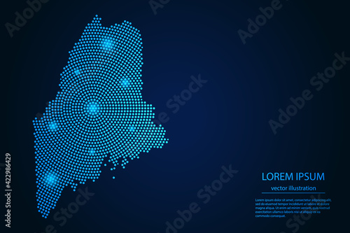 Abstract image Maine map from point blue and glowing stars on a dark background. vector illustration.