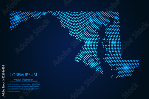 Abstract image Maryland map from point blue and glowing stars on a dark background. vector illustration. 