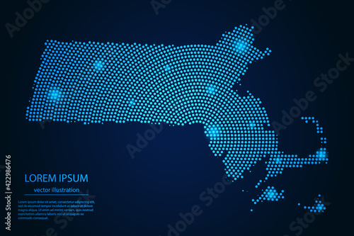 Abstract image Massachusetts map from point blue and glowing stars on a dark background. vector illustration. 
