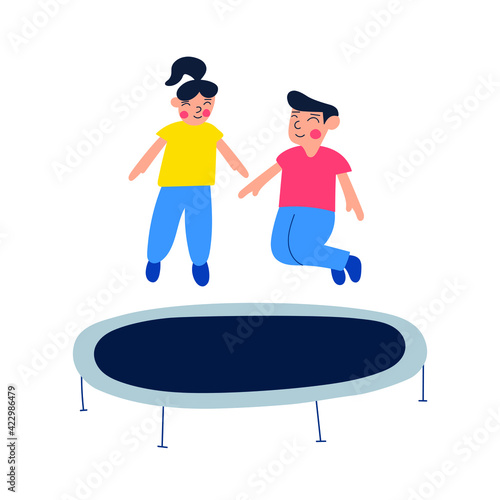 Boy and girl jumping on trampoline. Vector flat design illustration on white background.