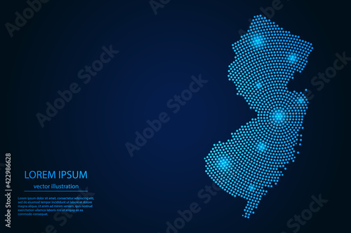 Abstract image New Jersey map from point blue and glowing stars on a dark background. vector illustration. 
