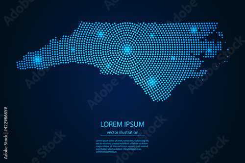 Abstract image North Carolina map from point blue and glowing stars on a dark background. vector illustration. 