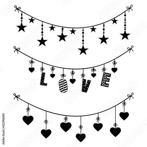 Set of festive garlands, black stencil
