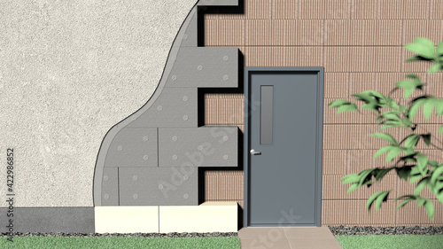 Fassadendämmung an der Mauerwand neben einer Tür, Fassadenplatten mit Sockeldämmplatten aus Polystyrol oder Styropor mit Dübel mit Putzscheibe und Gewebe