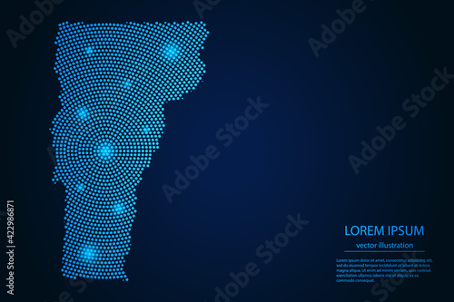 Abstract image Vermont map from point blue and glowing stars on a dark background. vector illustration. 